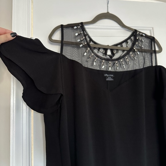 Black Off the Shoulder Short Sleeve Dress with Open Shoulders and Gems - Picture 2 of 6